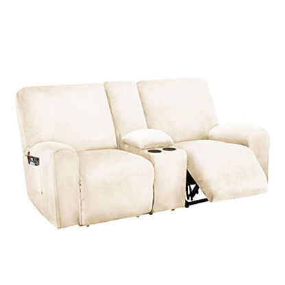 Picture of ULTICOR Reclining Love Seat with Middle Console Slipcover, 8-Piece Velvet Stretch Loveseat Reclining Sofa Covers, 2 seat Love seat Recliner Cover, Thick, Soft, Washable, Love seat Slipcovers (Ivory)