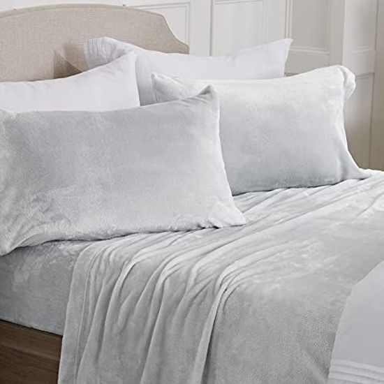 Picture of Velvet Plush Sheet and Pillowcase Set with Extra Deep Pockets | Extra Soft Micro Fleece Sheet Set | Ultra Plush and Cozy Warmth | Velvety Soft Heavyweight | Tribeca Collection (Queen, Light Grey)