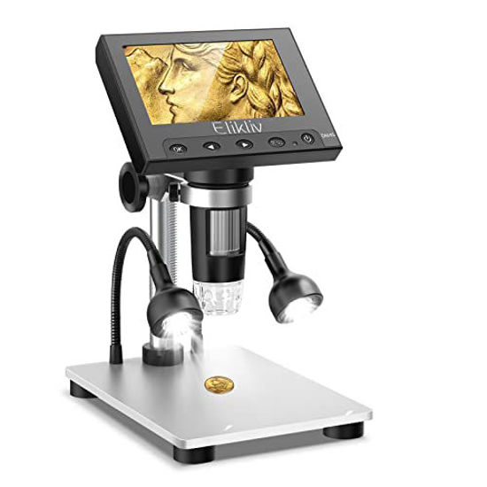 Picture of Elikliv Coin Microscope for Error Coins, 4.3'' 1000X LCD Digital Microscope with Screen 1080P USB Microscope Camera, 10 LED Fill Lights, Metal Stand, PC View, Compatible with Windows/Mac Os