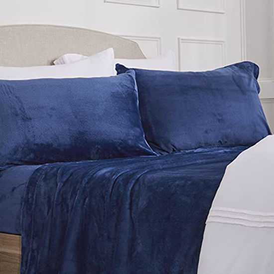 Picture of Velvet Plush Sheet and Pillowcase Set with Extra Deep Pockets | Extra Soft Micro Fleece Sheet Set | Ultra Plush and Cozy Warmth | Velvety Soft Heavyweight | Tribeca Collection (Queen, Navy)