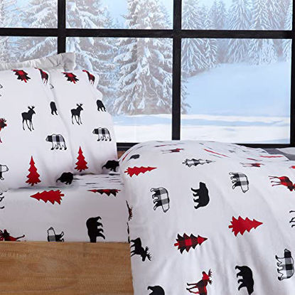 Picture of Extra Soft Holiday Printed 100% Turkish Cotton Flannel Sheet Set. Warm, Cozy, Luxury Winter Bed Sheets. Boulder Collection (King, Checkered Moose)