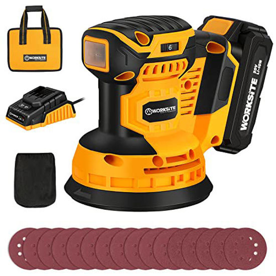 Picture of WORKSITE 20V MAX Cordless Random Orbital Sander, 5-Inch Variable Speed Orbital Sander w/2.0A Battery, Fast Charger, 30pcs Sanding Discs and Carrying Bag