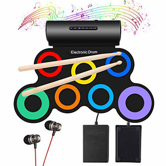 Picture of Oirtmiu Electronic Drum Set Kid Drum Pad Built-In Dual Speaker With Headphone Roll Up Drum, Electric Drum Sticks Pad ,Drums Kit ,Practice Musical Instruments Set ,Birthday Gift For Kids Rainbow