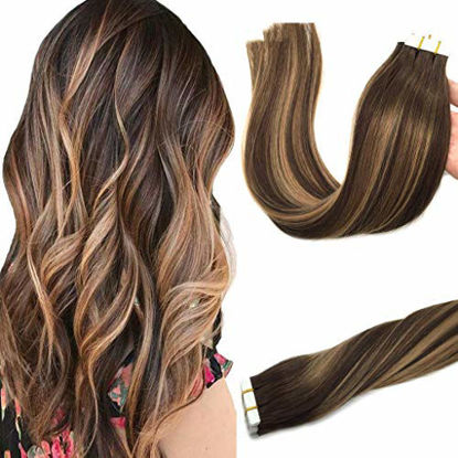 Picture of GOO GOO 24inch Tape in Human Hair Extensions Balayage Chocolate Brown to Caramel Blonde Remy Hair Extensions Tape in Balayage Natural Hair Extensions Straight 20pcs 50g