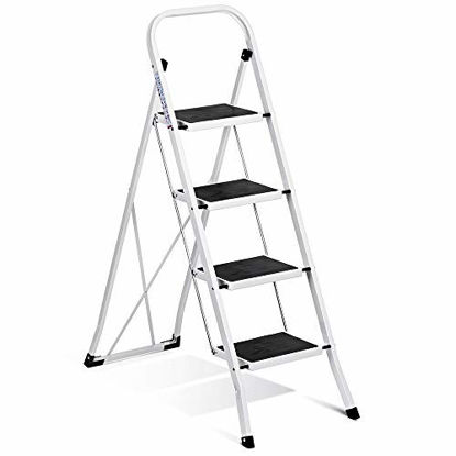 Picture of Delxo Folding 4 Step Ladder Ladder with Convenient Handgrip Anti-Slip Sturdy and Wide Pedal 330lbs Portable Steel Step Stool White and Black 4-Feet (WK2040-3)