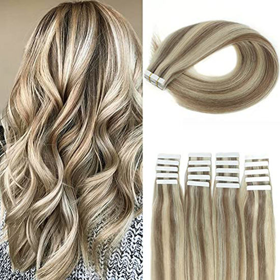 Picture of Sassina Pre-taped 50g 20pcs Real Remy Human Hair Blonde Highlights Tape in Extensions Skin Weft, Invisible, Seamless, #P20-60 20 Inch