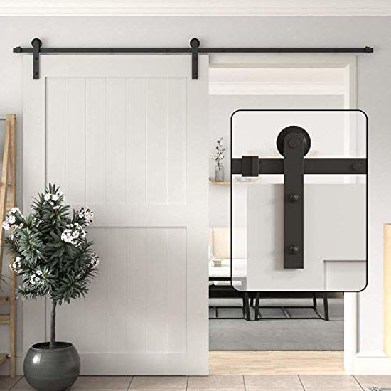 Picture of WINSOON 5/6/8/10/12/13/15/16FT Black Straight Design Sliding Roller Barn Single Wood Door Hardware Closet Track Kit Set (10FT Single Door Kit)