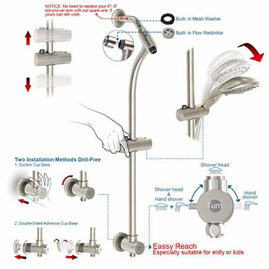 Picture of Egretshower Handheld Showerhead & Rain Shower Combo for Easy Reach , 27.5" Drill-free Stainless Steel Slide Bar, 5of 5-setting Handheld Shower and Showerhead, with 5ft Hose -Brush Nickel