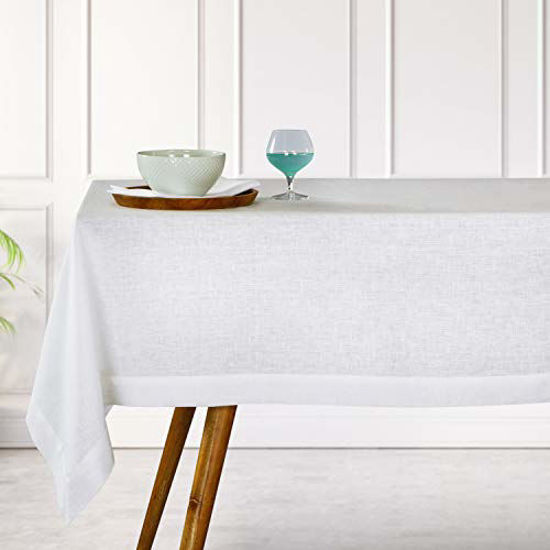 Picture of DMoksha Homes 100% Pure Linen 60x102 inches Tablecloth for Christmas, - Handmade, Rectangular, Decorative Table Cover for Kitchen, Dining, Restaurant, Party, Cocktail, Daily Use, Snowy White