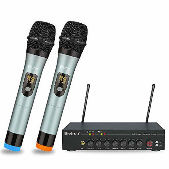 Picture of Bietrun Wireless Microphone with Adjustable Echo/Treble/Bass with Bluetooth, 160 ft Range, Metal Dual Dynamic Handheld Mic System, 1/8''1/4''Output, for Home Karaoke, Party, Church, DJ, Wedding, KTV
