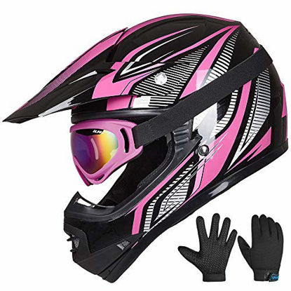 Picture of ILM Youth Kids ATV Motocross Helmet Goggles Sports Gloves Dirt Bike Motorcycle Off Road DOT Approved (Youth-S, Pink Black)