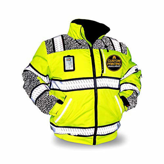 Picture of KwikSafety (Charlotte, NC) UNIVERSE Bomber Safety Jacket (LIMITED EDITION Pattern) Class 3 Hi Visibility Water Resistant ANSI OSHA Reflective Hoodie Winter Construction Gear Men | Yellow 3XL