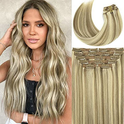 Picture of LacerHair Clip In Hair Extensions Real Human Hair Light Brown Highlighted Platinum Blonde Color Thick Silky Straight Remy Hair Clip In Extensions 7 Pieces 120 Gram 14 Inch