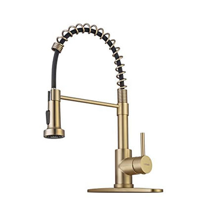 Picture of Brushed Gold Kitchen Faucet with Pull Down Sprayer, RV Brass Kitchen Faucet Stainless Steel Single Handle Spring Faucet with Deck Plate for Farmhouse Utility bar Laundry Sinks WEWE