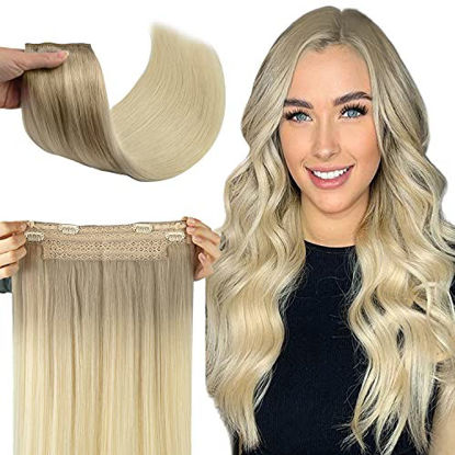 Picture of WENNALIFE Halo Hair Extensions, 16 Inch 80g Ash Blonde to Golden Blonde and Platinum Blonde Remy Crown Hair Extensions Invisible Wire Fish Line Hair Extensions Straight Human Flip Hair Extensions