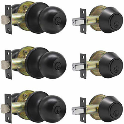 Picture of Probrico Keyed Alike Entry Door Knobs Lock Set and Single Cylinder Deadbolt Combination Set, Flat Black Exterior Front Door Locks,3 Pack