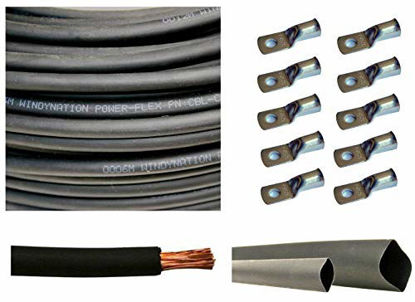 Picture of WNI 2 AWG 2 Gauge 40 Feet Black Battery Welding Pure Copper Ultra Flexible Cable + 5pcs of 5/16" & 5pcs 3/8" Copper Cable Lug Terminal Connectors + 3 Feet Heat Shrink Tubing