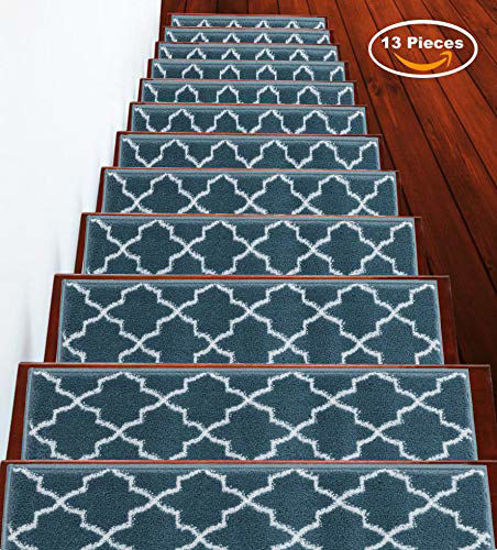 Picture of Stair Treads Trellisville Collection Contemporary, Cozy, Vibrant and Soft Stair Treads | Teal & White, 9" x 28" | Pack of 13 [100% Polypropylene] | Tape Applied