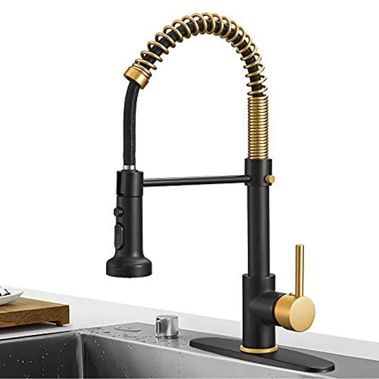 Picture of Hoimpro Matte Black&Brushed Gold Spring Kitchen Faucet with Pull Down Sprayer, Rv Paint Kitchen Sink Faucet with Pull Out Sprayer,3 Function Single Handle Laundry Faucet,Brass(Single or 3 Hole)