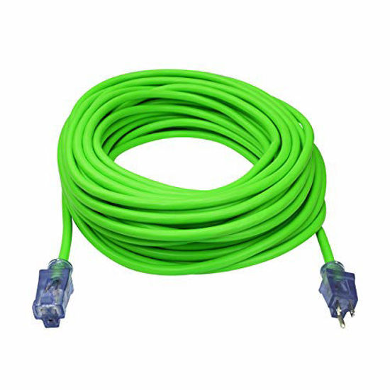 Picture of Clear Power 100 ft Heavy Duty Outdoor Extension Cord 12/3 SJTW with Lighted Connector, Water & Weather Resistant, Flame Retardant, Hi-Vis Green, 3 Prong Grounded Plug, DCOC-0102-DC