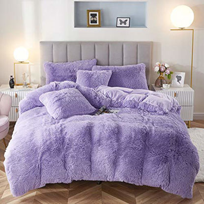 Picture of Uhamho Faux Fur Velvet Fluffy Bedding Duvet Cover Set Down Comforter Quilt Cover with Pillow Shams, Ultra Soft Warm and Durable (Lilac, Queen)