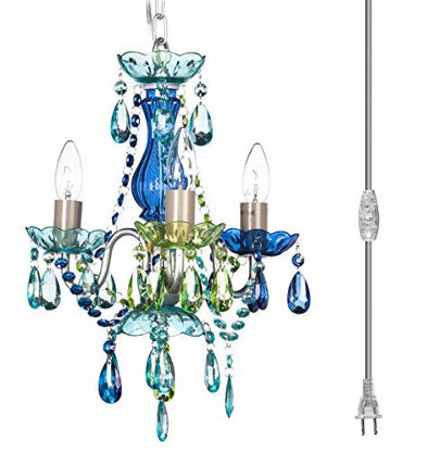 Picture of Plug-in 3 Light Blue Green Hanging Swag Chandelier H17xW12, Silver Metal Frame with Blue Glass Stem and Multicolor Acrylic Crystals & Beads That Sparkle Just Like Glass