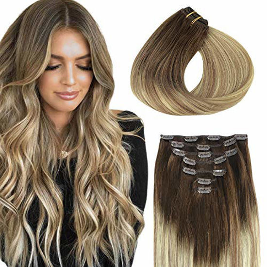 Picture of Clip in Hair Extensions, hotbanana Walnut Brown to Ash Brown and Bleach Blonde Clip in Hair Extensions Real Human Hair Straight Remy Hair Clip in Hair Extensions 16 inch 120g 7pcs