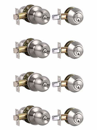 Picture of 4 Pack Keyed Alike Entry Handlset with Single Cylinder Deadbolts Combo Pack, Satin Nickel Door Knob for Front and Entrance Door, Interior and Exterior Entry Door Levers Brushed Nickel