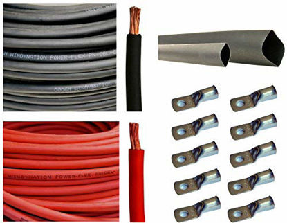 Picture of WNI 6 AWG 6 Gauge 50 Feet Black + 50 Feet Red Battery Welding Pure Copper Ultra Flexible Cable + 5pcs of 5/16" & 5pcs 3/8" Copper Cable Lug Terminal Connectors + 3 Feet Heat Shrink Tubing