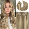 Picture of LacerHair Seamless Clip in Hair Extensions Real Human Hair Light Brown with Platinum Blonde Highlights Hair Extensions Comfortable Ultra-Thin PU Skin Weft Clip in Human Hair 14 Inch 7Pcs 110 Grams