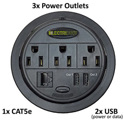 Picture of Power Tap Grommet with Hidden Power Center w/ 3 Power, 2 USB & 1 Cat5E - 2 Pack - Black