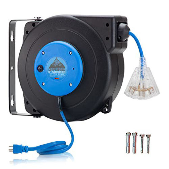 CopperPeak 50 ft Retractable Extension Cord Reel - Ceiling or Wall Mount -  14 gauge - Blue and Black
