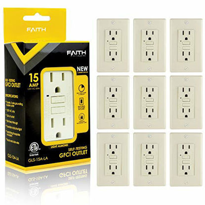 Picture of Faith [10-Pack] 15A GFCI Outlets, Non-Tamper-Resistant GFI Duplex Receptacles with LED Indicator, Self-Test Ground Fault Circuit Interrupter with Wall Plate, ETL Listed, Light Almond, 10 Piece