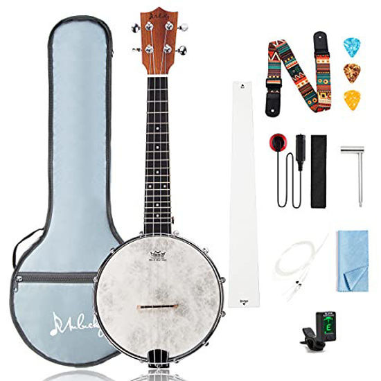 Picture of Mulucky 4 String Banjolele, Banjo Ukulele Concert Size 23 Inch with Remo Head, Closed Solid Wood Back, Beginner Kit with Truss Rod Gig Bag Tuner String Strap Picks - BU803