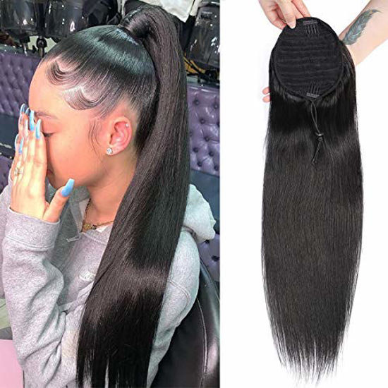 Picture of Straight Human Hair Ponytail Drawstring Puff Ponytails Hairpieces for Women with Two Clips 1B# 120g/set(28inch)