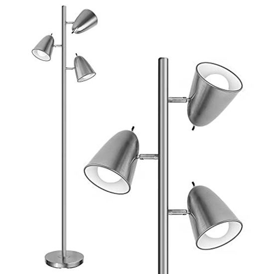 Picture of Qimh Industrial Floor Lamp with 3 Light Bulbs, 64 Tall Pole Lamps with 3 Adjustable Arms and 3 Independent switchs, 75" Wire Reading Standing Lamps for Living Room, Bedroom, Office,Brushed Nickel