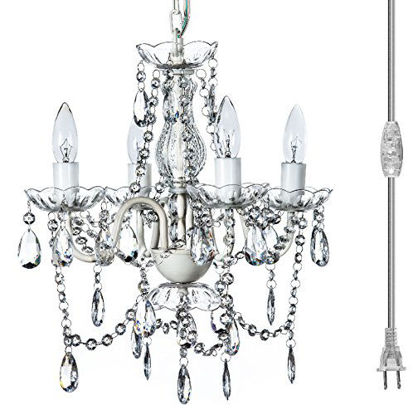 Picture of Gypsy Color Plug-in 4 Light Crystal White Hanging Swag Chandelier H17.5InchxW15Inch, White Metal Frame with Clear Glass Stem and Clear Acrylic Crystals & Beads That Sparkle Just Like Glass