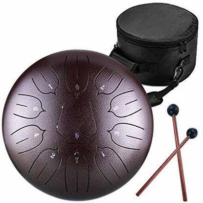 Picture of Steel Tongue Drum - 11 Notes 10 inches - Percussion Instrument -Handpan Drum with Bag, Music Book, Mallets, Finger Picks (10'', Brown)