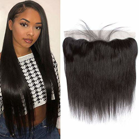 Picture of QTHAIR 12A Grade Brazilian Straight Human Hair Lace Frontal 100% Unprocessed Brazilian Straight Human Hair Weave Natural Black (16", 13x4 Frontal)