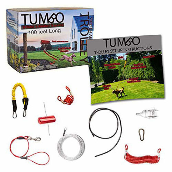 Picture of Tumbo Trolley 100 ft Dog Containment System - Solid Slider with Stretching Coil Cable with Anti-Shock Bungee (Safer and Less tangles) Aerial Dog Tie Out