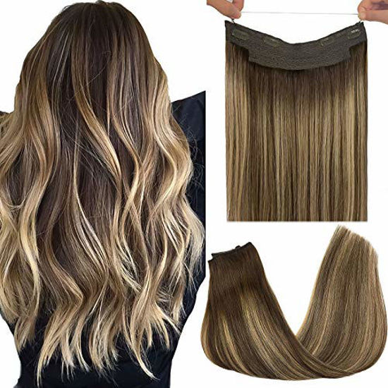 Picture of GOO GOO Hair Extensions Human Hair Dark Brown Halo Hair Extensions 100g 20 Inch 100g Straight Hidden Crown Extensions Transparent Fish Line Invisible Hairpiece