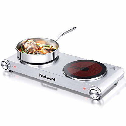 Picture of Techwood Electric Hot Plate Stove Countertop Double Burner Infrared Ceramic Double Cooktop 1800W (900W& 900W) With Adjustable Temperature Control Brushed Stainless Steel Easy To Clean Upgraded Version