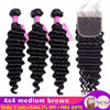 Picture of Weave Human Hair (16" 16" 16") Brazilian Deep Wave Bundles With Closure Lace Three Part 14 Inch for Human Hair Wigs 100% Unprocessed Virgin Brazilian Human Hair Weave Extensions Natural Color