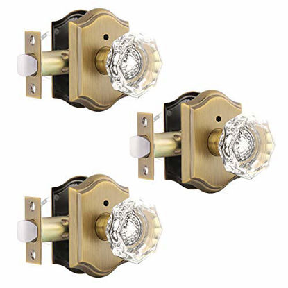 Picture of Gobrico 3 Pack Privacy Crystal Glass Door knobs with Lock,Heavy Duty Door Locksets with Diamond Crystal Knob,Keyless Door Handles for Bathroom Bedroom,Antique Brass Plate