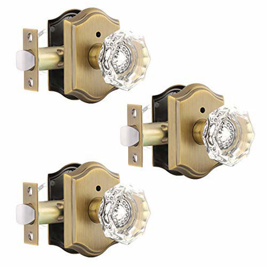 Picture of Gobrico 3 Pack Privacy Crystal Glass Door knobs with Lock,Heavy Duty Door Locksets with Diamond Crystal Knob,Keyless Door Handles for Bathroom Bedroom,Antique Brass Plate