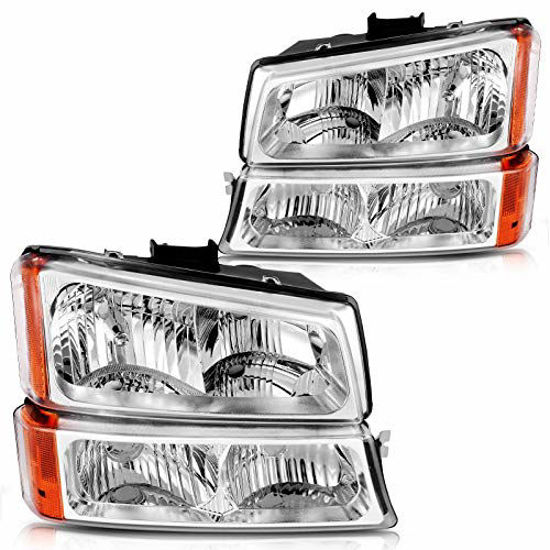 Picture of DWVO Headlight Assembly Compatible with 2003-2007 Chevy Silverado 1500HD/2500HD /2003-2006 Chevrolet Avalanche (Chrome Housing Amber Reflector)