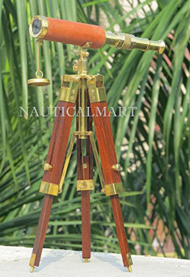 Picture of Nauticalmart10 Inch Single Barrel Floor Standing Leather Brass Small Table Top Tripod Telescope