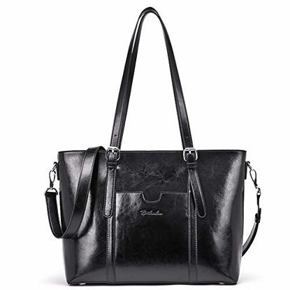 Picture of BOSTANTEN Women Leather Laptop Tote Office Shoulder Handbag Vintage Briefcase 15.6 inch Computer Work Purse Black