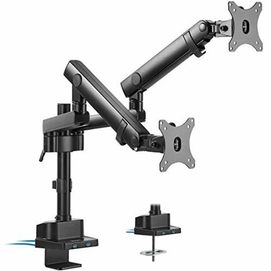 Picture of VIVO Premium Aluminum Full Motion Dual Monitor Desk Mount Stand with Lift Engine Arm, Pole Extension, and USB Ports, Fits Screens up to 32 inches, STAND-V102BDU