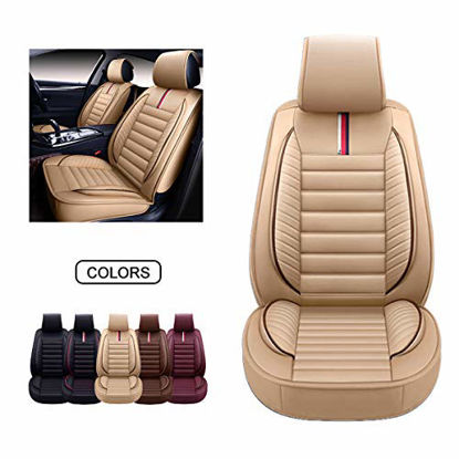 Picture of OASIS AUTO OS-001 Leather Car Seat Covers, Faux Leatherette Automotive Vehicle Cushion Cover for 5 Passenger Cars & SUV Universal Fit Set for Auto Interior Accessories (Front Pair, TAN)